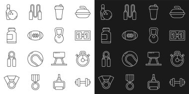 Set line Dumbbell Stopwatch Sport mechanical scoreboard Fitness shaker American Football ball Sports nutrition Bowling pin and and Kettlebell icon. Vector.