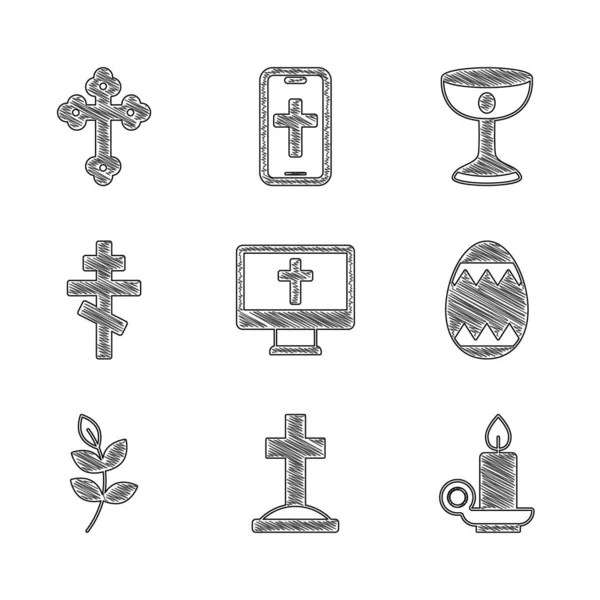 Set Christian Cross Monitor Grave Burning Candle Candlestick Easter Egg — Archivo Imágenes Vectoriales