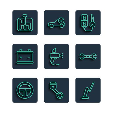 Set line Steering wheel Engine piston Windscreen wiper Car key with remote Paint spray gun battery Gear shifter and Wrench spanner icon. Vector.