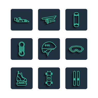 Set line Skates Longboard or skateboard Ski and sticks Skateboard trick Bicycle helmet Climber rope Formula 1 racing car and goggles icon. Vector.