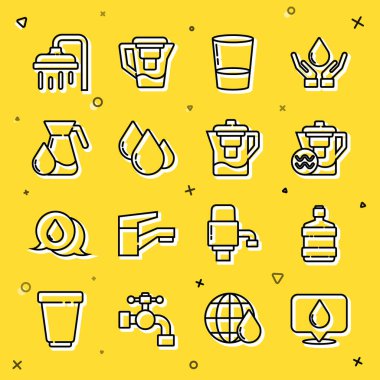 Set line Water drop with location Big bottle clean water jug filter Glass Jug glass Shower head and icon. Vector.