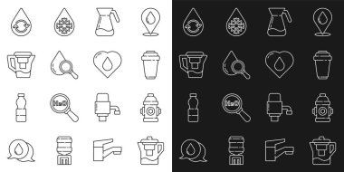 Set line Water jug with a filter Fire hydrant cartridge Jug glass water Drop and magnifying Recycle clean aqua and Heart drop icon. Vector.