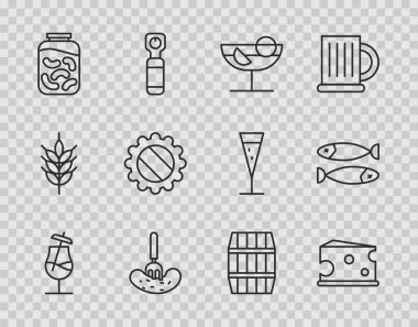 Set line Cocktail Cheese Pickled cucumber on fork cucumbers in jar Bottle cap Wooden barrel and Dried fish icon. Vector.