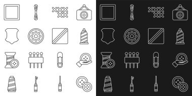 Set line Sewing button thread Adjustable embroidery hoop Leather Pattern and icon. Vector.