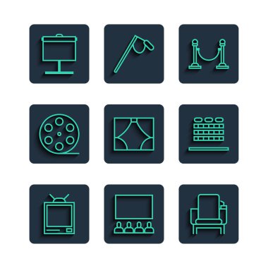 Set line Retro tv Cinema auditorium with screen chair Rope barrier Curtain Film reel Projection and seats icon. Vector.