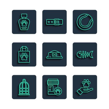 Set line Cage for birds Dog medicine bottle Hands with animals footprint Tennis ball Pet food bowl Shopping bag pet shampoo and Fish skeleton icon. Vector.
