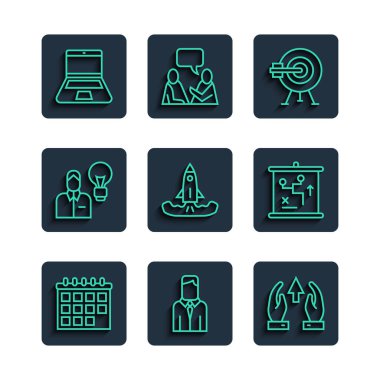 Set line Calendar Worker Growth chart and progress Target with arrow Rocket Human lamp bulb Laptop and Planning strategy concept icon. Vector.