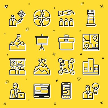 Set line Human with lamp bulb Award over winner podium Folded map location Boss employee Chalkboard Mountains flag Marketing target strategy and Briefcase icon. Vector.
