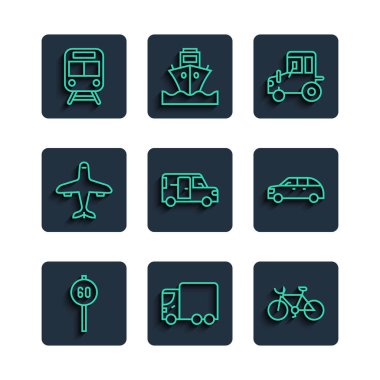 Set line Speed limit traffic Delivery cargo truck Bicycle Tractor Minibus Plane Train and railway and Hatchback icon. Vector.