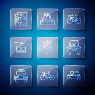 Set line Police car and flasher Bicycle Delivery truck Parking Cable Broken road and Car icon. Vector.