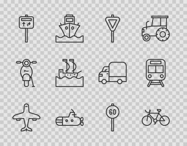 Set line Plane Bicycle Road traffic signpost Submarine Sailboat Speed limit and Train and railway icon. Vector.