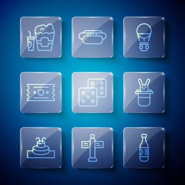 Set line Fountain Road traffic signpost Bottle of water Hot air balloon Game dice Ticket Popcorn box and glass and Magician hat rabbit icon. Vector.