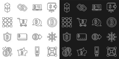 Set line Blockchain technology Bitcoin Mining bitcoin from laptop Shopping cart with and icon. Vector.