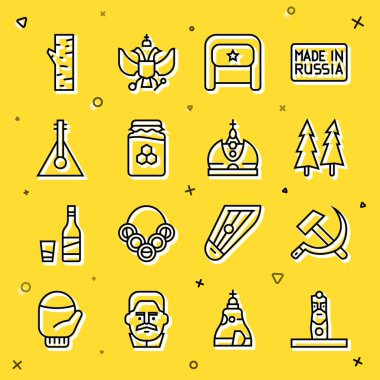 Set line Slavic pagan idol Hammer and sickle USSR Christmas tree Ushanka Jar of honey Balalaika Birch and King crown icon. Vector.