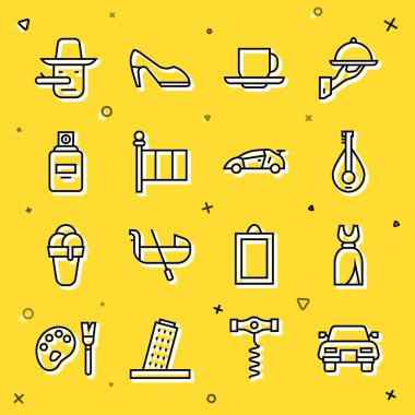 Set line Car Woman dress Mandolin Coffee cup Flag Italy Perfume Pinocchio and Sport racing car icon. Vector.