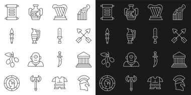 Set line Greek helmet Parthenon Crossed arrows Harp Ancient amphorae Torch flame Decree parchment scroll and Medieval sword icon. Vector.
