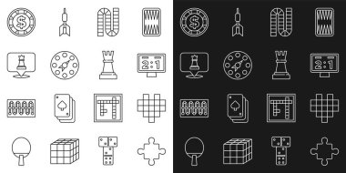 Set line Puzzle pieces toy Pixel hearts for game Sport mechanical scoreboard Board Twister Chess Casino chip with dollar and icon. Vector.