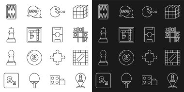 Set line Chess Board game Tic tac toe Pacman with eat Bingo Backgammon board and Hockey table icon. Vector.