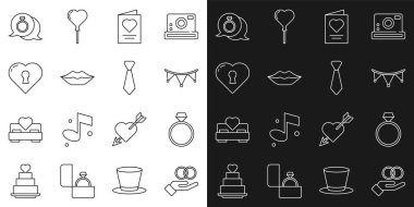 Set line Wedding rings Diamond engagement Carnival garland with flags Greeting card Smiling lips Heart keyhole and Tie icon. Vector.