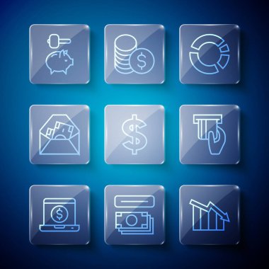 Set line Laptop with dollar ATM and money Financial growth decrease Pie chart infographic Dollar symbol Envelope Piggy bank hammer and Credit card inserted icon. Vector.