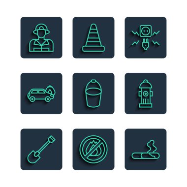 Set line Fire shovel No fire Cigarette Electricity spark bucket Burning car Firefighter and hydrant icon. Vector.