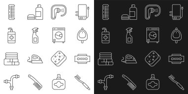 Set line Toothbrush Blade razor Toilet urinal pissoir Shower Cleaning spray bottle Hand sanitizer Hairbrush and Washer icon. Vector.