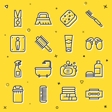 Set line Blade razor Bottle of shampoo Flip flops Sponge Hairbrush Male toilet Clothes pin and Tube toothpaste icon. Vector.