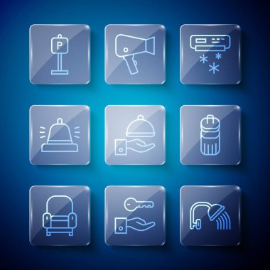 Set line Armchair Hotel door lock key Shower head Air conditioner Covered with tray service bell Parking and Trash can icon. Vector.