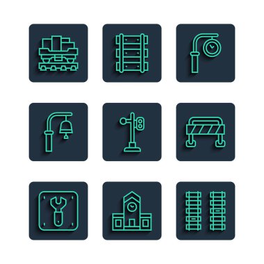 Set line Repair of railway Railway station Railway railroad track Train clock traffic light bell Cargo train wagon and Road barrier icon. Vector.