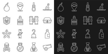 Set line Cannon Alcohol drink Rum Sailor hat Gallows rope loop hanging Shield with pirate skull Bomb ready to explode and Binoculars icon. Vector.