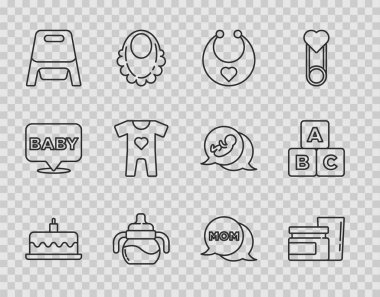 Set line Cake with burning candles Baby food bib bottle potty clothes Speech bubble mom and ABC blocks icon. Vector.