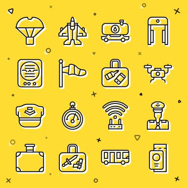 Set line Passport with ticket Pilot Drone flying Fuel tanker truck Cone meteorology windsock Attitude indicator Box parachute and Suitcase icon. Vector.