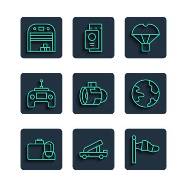 Set line Suitcase Passenger ladder Cone meteorology windsock Box flying parachute Jet engine turbine Drone remote control Aircraft hangar and Worldwide icon. Vector.