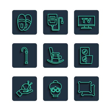 Set line Yarn ball with knitting needles Grandmother Pillow Smart Tv Rocking chair Walking stick cane Slippers and Pills blister pack icon. Vector.