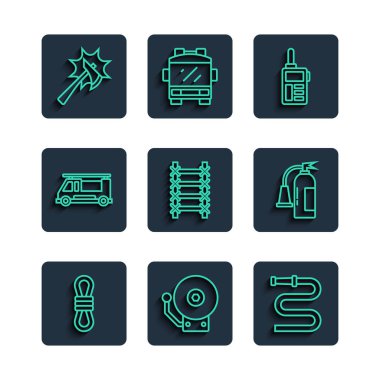 Set line Climber rope Ringing alarm bell Fire hose reel Walkie talkie escape truck Firefighter axe and extinguisher icon. Vector.