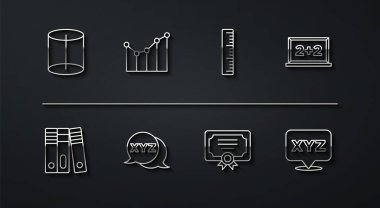 Set line Geometric figure Office folders Chalkboard Certificate template XYZ Coordinate system Graph schedule chart diagram and Ruler icon. Vector.