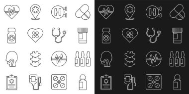 Set line Eye drop bottle Medical vial ampoule Medicine and pills Hospital signboard Healed broken heart Heart rate and Stethoscope icon. Vector.