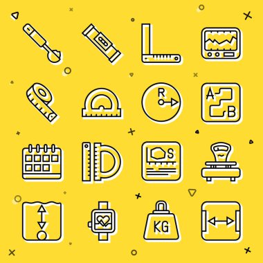 Set line Area measurement Scales Route location Corner ruler Protractor Measuring tape spoon and Radius icon. Vector.