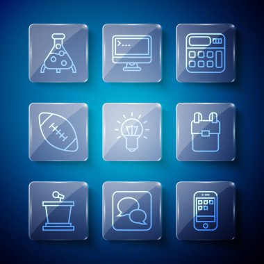 Set line Stage stand Speech bubble chat Smartphone Calculator Light bulb American football ball Test tube flask and School backpack icon. Vector.