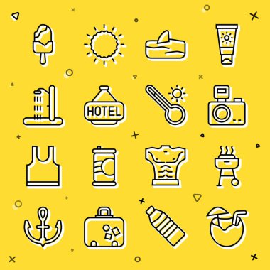 Set line Coconut cocktail Barbecue grill Photo camera with flash Shark fin in ocean wave Signboard text Hotel Beach shower Ice cream and Meteorology thermometer icon. Vector.