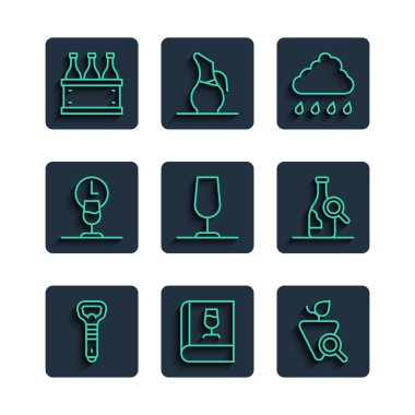 Set line Bottle opener Book about wine Grapes Cloud with rain Wine glass time Bottles of box and icon. Vector.