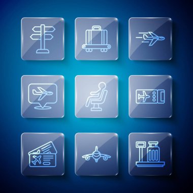 Set line Airline ticket Plane Scale with suitcase Human waiting airport terminal Road traffic sign and icon. Vector.