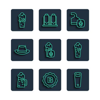 Set line Wooden beer mug Bottle cap with opener Beer brewing process Glass of Oktoberfest hat and icon. Vector.