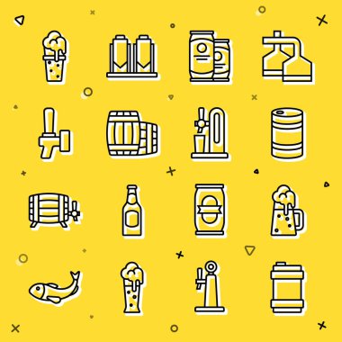 Set line Metal beer keg Wooden mug Beer can barrel tap Glass of and with glass icon. Vector.