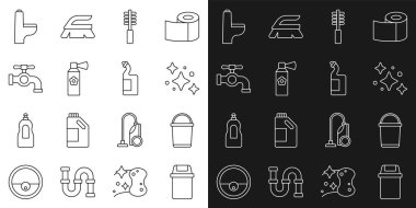 Set line Trash can Bucket Home cleaning service Toilet brush Air freshener spray bottle Water tap bowl and Dishwashing liquid icon. Vector.