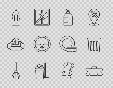 Set line Handle broom Brush for cleaning Dishwashing liquid bottle Mop bucket Robot vacuum cleaner Sponge and Trash can icon. Vector.