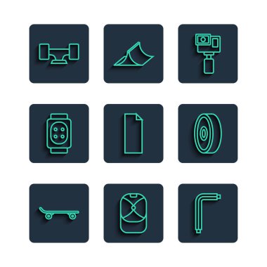 Set line Skateboard Baseball cap Tool allen keys Action camera Grip tape skateboard Knee pads wheel and bearing icon. Vector.