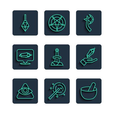 Set line All-seeing eye of God Magic wand Witch cauldron Wooden axe Sword the stone and icon. Vector.