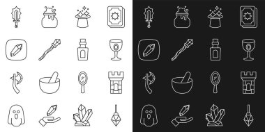 Set line Magic stone Castle tower Medieval goblet hat staff sword in fire and Bottle with potion icon. Vector.