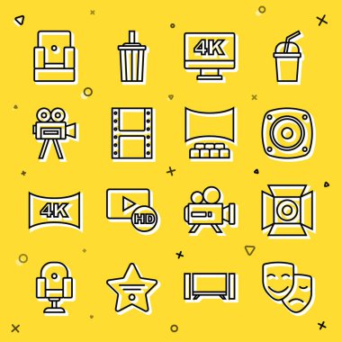 Set line Comedy and tragedy masks Movie spotlight Stereo speaker Screen tv with 4k Play video Retro cinema camera Cinema chair and auditorium screen icon. Vector.